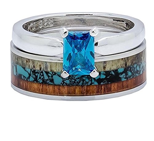 2 pc Wedding Rings Set Deer Antler Turquoise Koa Wood Stainless Steel Sterling Silver Engagement Rings