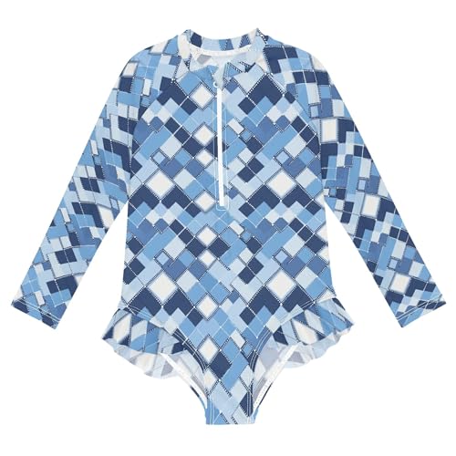Blue Buffalo Check Plaid Girls Long Sleeve Rashguard Swimsuit UV Protection One-Piece Swimwear B0403957