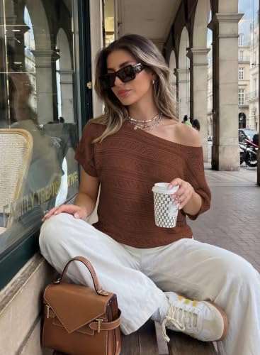 Image of Cakulo Womens Off The Shoulder Batwing Short Sleeve Crochet Tops 2026 Spring Summer Sweater Top Knit Beach Cover Up