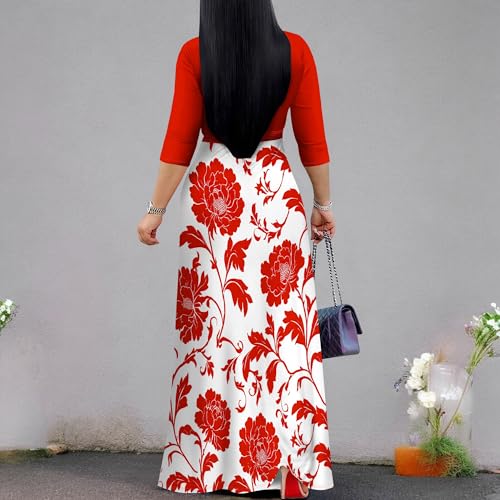 Image of PinkPatty Plus Size Maxi Dress for Women Casual V Neck 3 /4 Sleeve Boho Printed Long Dress with Pockets