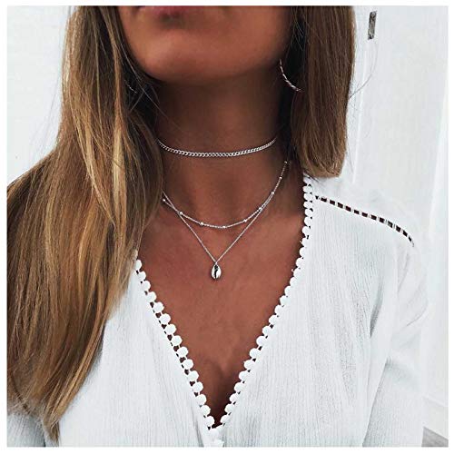 TseanYi Boho Layered Shell Necklace Choker Silver Cowrie Shell Pendant Necklace Vintage Satellite Necklace Chain Jewelry for Women and Girls