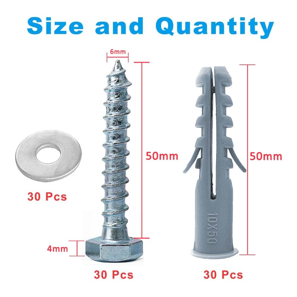 30 Sets M10x50mm Heavy Duty Masonry Brick Wall Plugs and Screws Bolts Anchors, Concrete Screws with Washers & Wall Plugs - Image 2