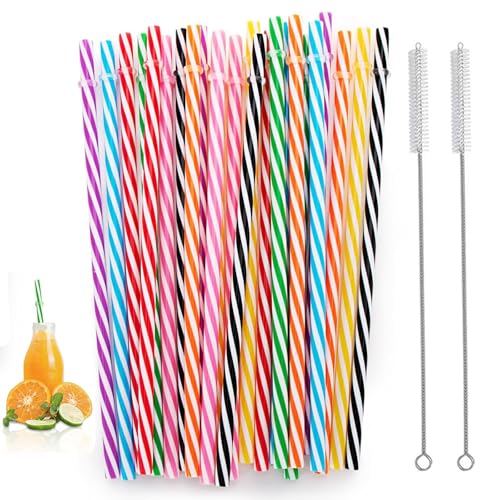 50Pcs Plastic Straws Reusable, with 2Pcs Cleaning Brush, Candy-Striped Drinking Straws, for Family Bars, Cafes, Smoothies, Juice, Cocktail, Hot Drink(9.05 inch Long)