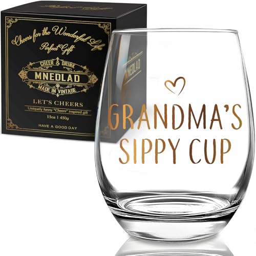 WFFW Grandma's Sippy Cup Stemless Wine Glass Gifts for grandma, Funny Cute Thanksgiving Christmas Birthday Valentines and Mother's Day Glasses Gift for Grandmother Nana Women Wife BF