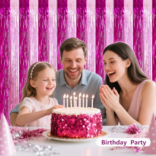 Image of BEISHIDA Hot Pink Pink Door Streamers Backdrop Foil Fringe Tinsel Party Streamers Curtains Photo Backdrop -2Pcs for Girl Birthday Valentines Baby Shower Graduation Bachelorette Party Decoations