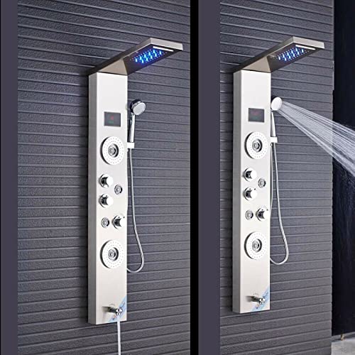 Sistema de torre de panel de ducha de acero inoxidable con cabezal de lluvia LED, ducha de mano, jets corporales, dispensador de agua para bañera y display de temperatura miniatura 6