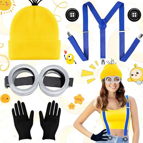 Benaton 5 Pièces Jaune Deguisement Halloween Adultes Enfants, Accessoires Jaunes Avec Lunettes, Bonnet, Gants, Boutons Bretelles, Costume de Film Pour...