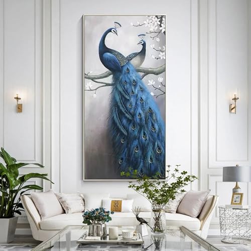 Toile paon bleu et fleur blanche 50x100 cm grand format vertical sans cadre