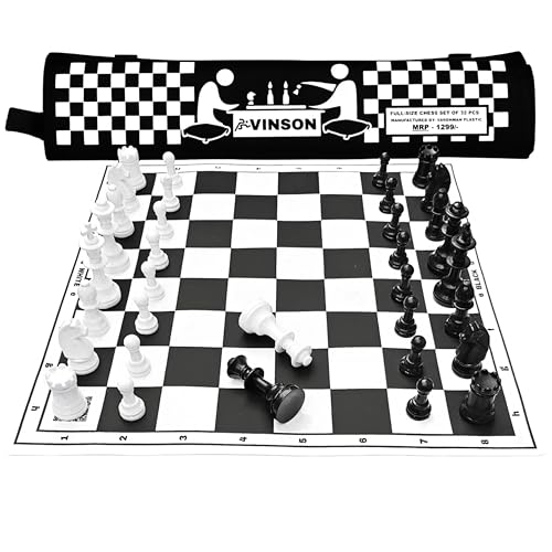 Image of Vinson Tournament Chess Set for Adults & Kids | 18.25 x 18.25 Inch Foldable Vinyl Board with Solid Plastic Chess Pieces, 2 Extra Queens & Zipper Storage Bag | Professional Portable Game Set (Black)