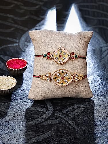 Image of Sukkhi Elegant Kundan Designer Gold Plated Premium Rakhi for Brother, Roli Chawal & Greeting Card | Combo-Set of 2