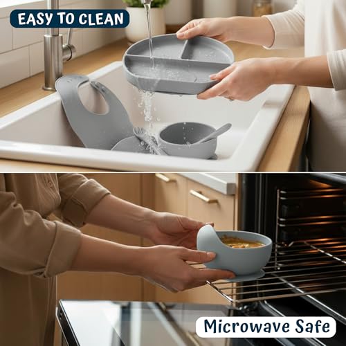 Image of Baybee Silicone Baby Feeding Set | Bpa Free & Microwave Safe Food Grade Baby Utensils with Suction Plate & Bowl, Bib, Water Cup, Forks, Spoons for Infants, Toddlers, Kids Weaning Food Cutlery (Grey)