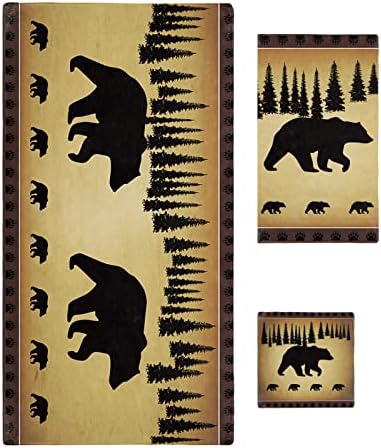 Bear Bath Towels Set - Soft Absorbent Bathroom Towels, Cabin Forest Animal Microfiber Bath Towels, Rustic Black Brown Luxury Towels for Bathroom Kicthen 1 Bath Towels 1 Hand Towels 1 Washcloths