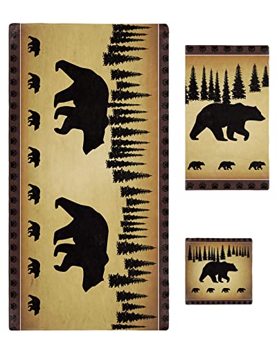 Bear Bath Towels Set - Soft Absorbent Bathroom Towels, Cabin Forest Animal Microfiber Bath Towels, Rustic Black Brown Luxury Towels For Bathroom Kicthen 1 Bath Towels 1 Hand Towels 1 Washcloths #TOP4