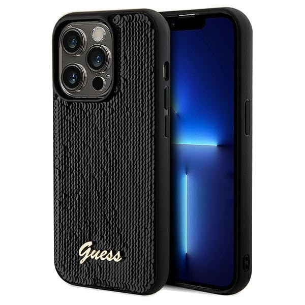 CG Mobile Guess GUHCP14XPSFDGSK Coque Rigide pour iPhone 14 Pro Max 6,7" Noir Coque Rigide à Paillettes Script Métal