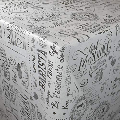 KEVKUS Mantel de hule por metros C146151, diseño de café, barista, espresso, color blanco y negro, para cocina, rectangular, redondo, ovalado (borde cortado, sin borde, 100 x 140 cm, rectangular) Cover