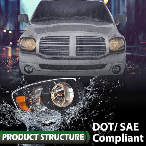 Image of GRAND ORANGE Headlights Assembly with Bulbs Compatible with Dodge Ram 1500 Truck 2006-2008 /Fits Dodge Ram 2500 3500 Truck 2006-2009 Left and Right Side Clear Lens Black Housing Amber Reflector