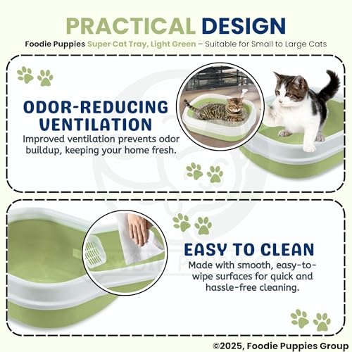 Image of Foodie Puppies Cat Litter Box Tray with Rim and Scooper - (Light Green) (Large, 46 x 38 x 13 cm) | Semi-Closed Design and Durable Quality | Pet Litter Sand Tray Suitable for All Adult Cats & Kittens