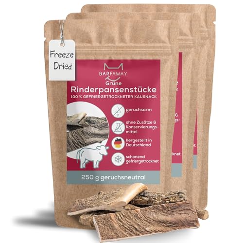 BARFAWAY grüner Pansen, gefriergetrockneter Kausnack für Hunde, 100% natürlich ohne Zusätze, Deutsche Herstellung, geruchsneutral, 3er Pack (3 x 250 g)