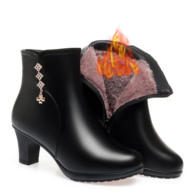 Womens Ankle Boots Chunky Block Heel Rhinestones Buckle Decor Comfort Warm Fur Lined Boots Zip Fashion Round Toe