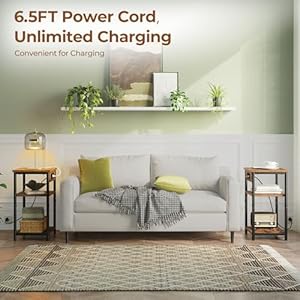 Rolanstar end table with charging station night stand with 3 storage shelves small side table for small space narrow bedside table for living room bedroom rustic brown  urban country home decor