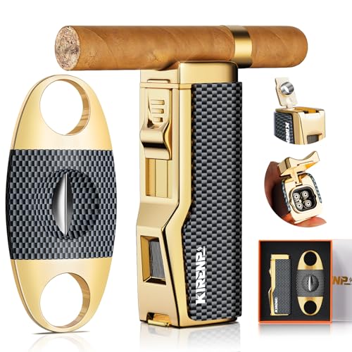 Torch Cigar Lighter and Cigar V Cutter Set, Built-in Cigar Punch, Cigar Holder, Quad Jet Flame Windproof Butane Lighter, Multi-Functional Cigar Accessories, Cigar Lighter Set with Gift Box for Men