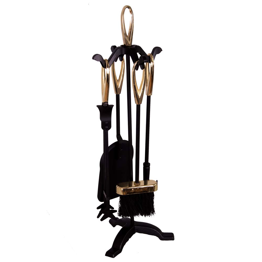 Fire Vida Buxton Lot de 5 Accessoires de cheminée avec Support Noir et Laiton avec Support Comprend tisonnier, Pince, Brosse et Pelle Accessoires de cheminée pour poêle à Bois, foyers et poêles à