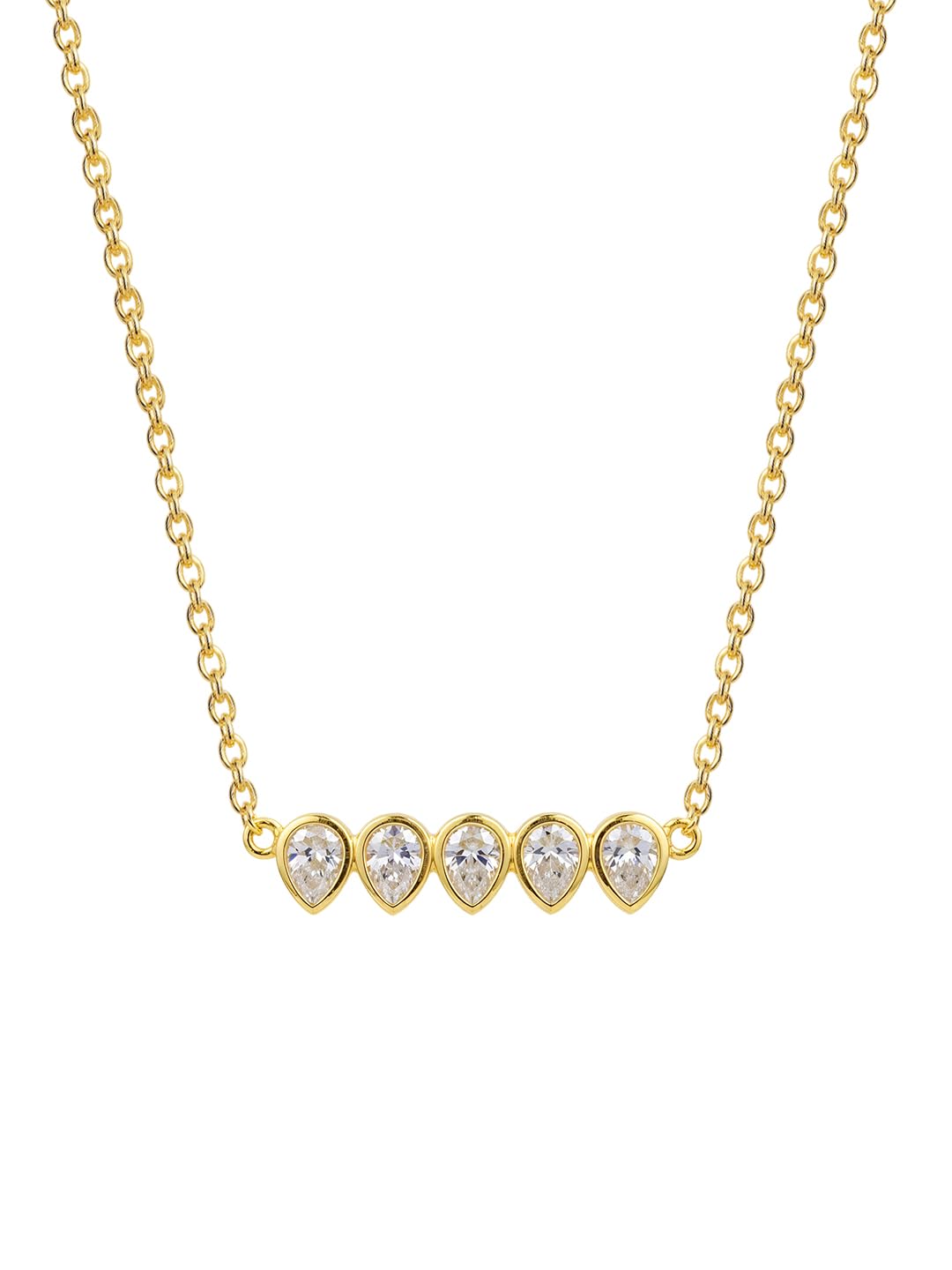 18K Gold Plated Five-Stone Linear Teardrop Necklace for Women | Horizontal Pear-Cut Crystal Bar Pendant | Modern Minimalist Daily Wear Jewelry-image-44