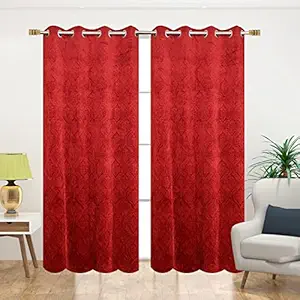 HOMYHISE Plain Color Damask Work Premium Velvet 5 Feet Window Curtains- Set of 2, Red