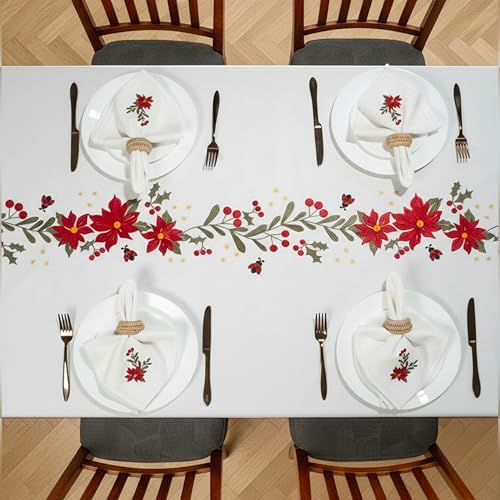 Image of Embroidered Cotton Tablecloth, Ivory Cheer, 60 x 75 in | Premium heavyweight chambray cotton, all-over embroidery, 4-seater rectangle, machine washable, elegant dining and hosting