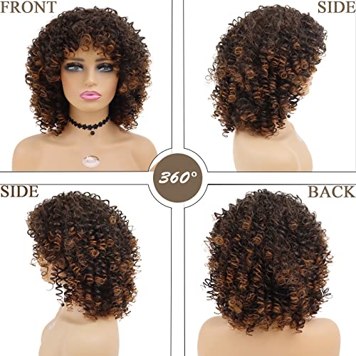 Gnimegil African American Wigs For Black Women Short Curly Wig Natural Mix Brown Kinky Curly Afro Hair Wig With Bangs Synthetic Wigs Carnival Party Halloween Costume Disco Party #TOP3