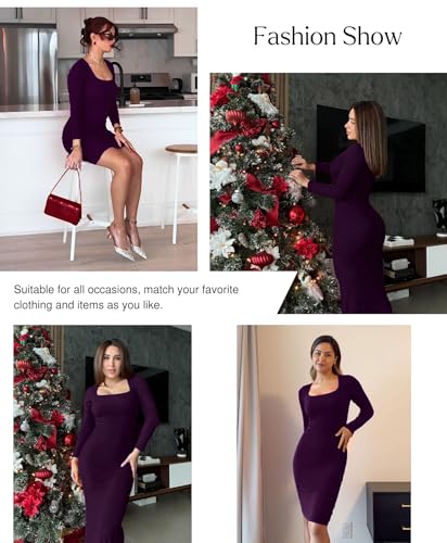 Image of Popilush Long Sleeve Midi Dresses for Women, Built-in Bra Shapewear Dress | Bodycon, Tummy Control, Square Neck, Cocktail Party and Dinners