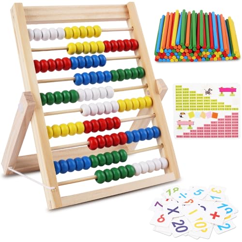 RNHDLY Boulier Enfant, Boulier Règle à Calcul, Abaque en Bois Aide au Calcul avec 100 Perles, Baguettes de Comptage, Cartes Numériques, Boulier Abaque...