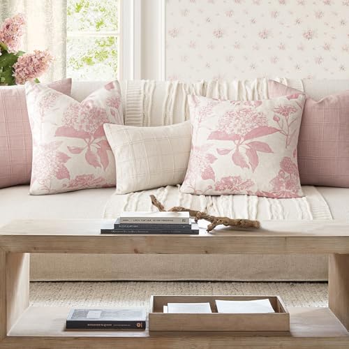 Image of Foindtower Set of 2 Linen Floral Throw Pillow Covers Neutral Vintage Print Decorative Cozy Cushion Covers Farmhouse Boho Home Decor for Sofa Chair Couch Bedroom Living Room,22x22 Inch,Light Pink