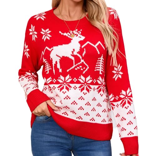 Women's Fall Winter Crew Neck Knitted Sweater Animal Ethnic Geometry Snowflake Cropped Boho Pullover Tops