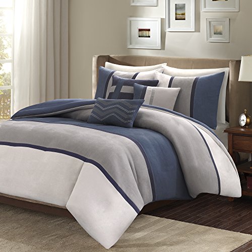 Madison Park Palisades 6 Piece Faux Suede Duvet Cover, Full/Queen (90 in x 90 in), Blue