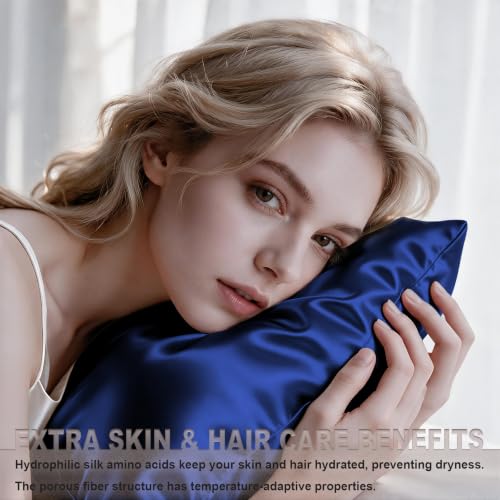 Image of LYSHIN Silk Pillow Cases 2 Pack Queen Size with Zipper, Royal Blue | 19 Momme Mulberry Silk Pillowcase for Skin and Hair, Anti-Acne, Hypoallergenic, Cooling, Beauty Sleep, Gifts for Women