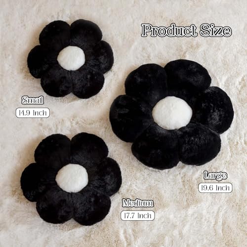 Image of Kcvvcr Black Flower Pillow, Cute Decorative Flower Shaped Throw Pillow with Faux Rabbit Fur, 14.9 inch Soft Daisy Plush Floor Cushion Aesthetic Room Decor for Bed Sofa Couch