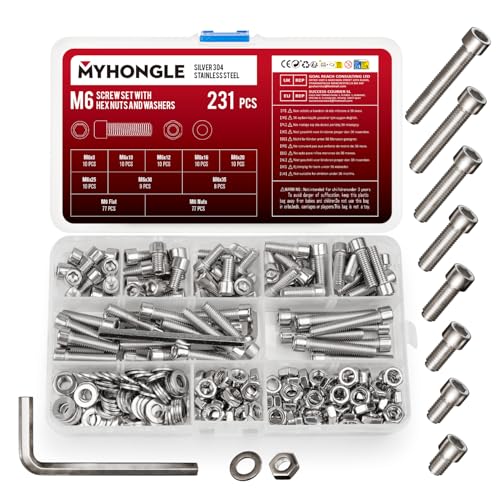 231 Stück M6 Schrauben Set Edelstahl Zylinderschrauben mit Innensechskant Schrauben Muttern Set mit Unterlegscheiben Set Sechskantschrauben Maschinenschrauben Sortiment Gewindeschrauben Set