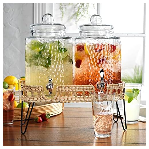 Double Ice Cold Clear Glass Hammered Beverage Drink Dispensers On Wicker Metal Stand 1.5 Gallon Each Mason Jug For Outdoor, Parties & Daily Use