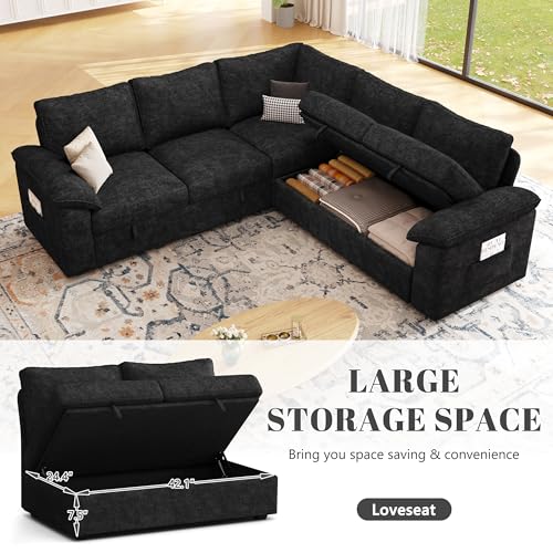 Image of 85 Inch Modular Sectional Sofa with Pull Out Bed, L Shaped 5 Seat Sectional Sleeper Sofa with Storage, Sectional Couches for Living Room, Cloud Modular Couch,Removable Sofa Cover, Black