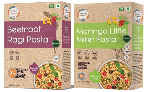 Image of Organic Wisdom Healthy Pasta Combo (Pack of 2) - Beetroot Ragi & Moringa Little Millet Pasta (180g Each) | No Maida, No MSG, No Refined Oil | Macaroni