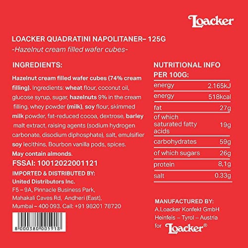 Image of Loacker Quadratini Napolitaner(Hazelnut) - 125g, Italy (Pack of 18)