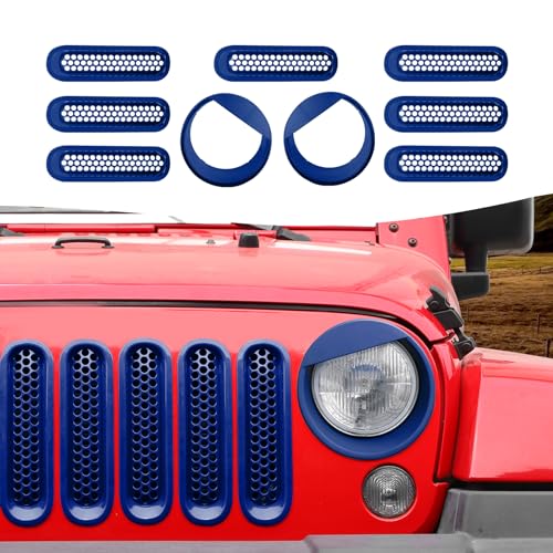 Image of Mesh Grille Grill Insert+ Style Headlight Turn Light Cover Trim Fit for 2007-2018 Jeep Wrangler JK JKU(Blue)