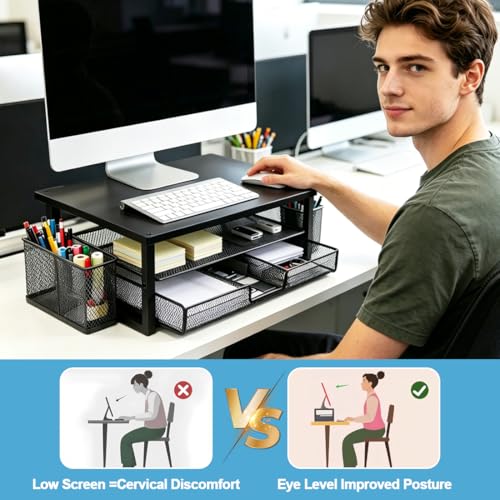 Support de moniteur ergonomique avec tiroir de rangement et porte-stylos - 7