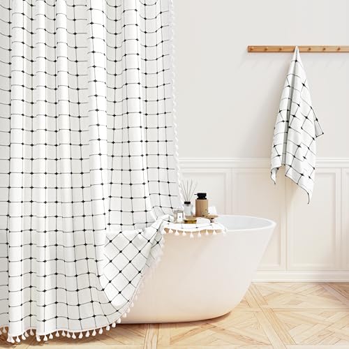 BTTN White and Black Boho Shower Curtain - Linen Rustic Farmhouse Heavy Duty Fabric Shower Curtain Set with Tassel, Water Repellent, Bohemian Vintage Country Cloth Shower Curtains for Bathroom, 72x72