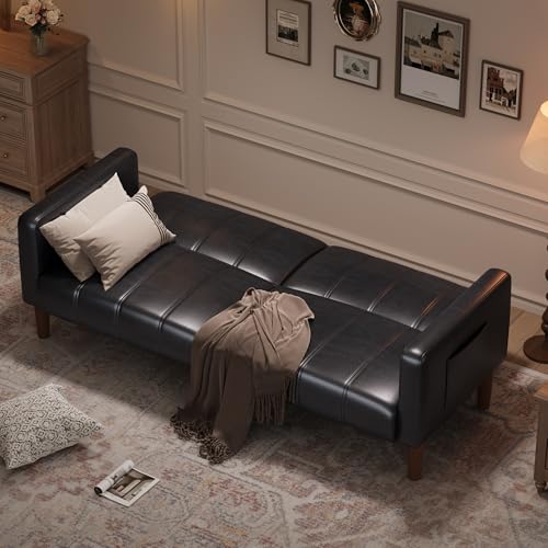 Image of GarveeHome Futon Sofa Bed, 75-Inch Modern Faux Leather Convertible Couch, Mid-Century Loveseat for Small Space, Living Room, Bedroom, Black