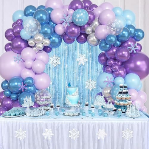 Image of Ouddy Life 157 Pcs Frozen Balloon Arch Garland Kit, Blue Purple Sliver Snowflake Balloons Different Size for Winter Princess Wonderland Baby Shower Decorations Ice Snow Theme Birthday Party Decor