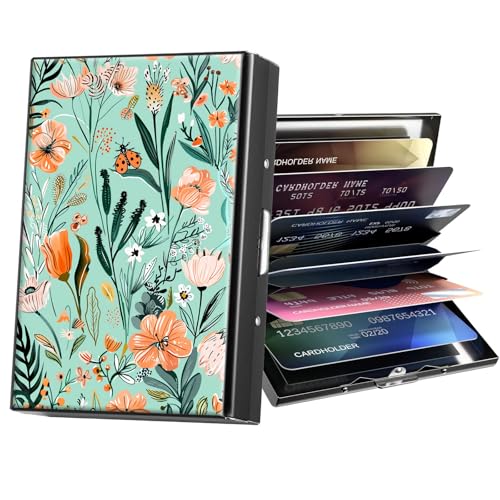 ACWDMKH Metal Wallet,Credit Card Holder for Women Men,RFID Blocking Card Holder Wallet Mini Slim Aluminum Wallet ID Case Hard Card Case Business Card Holder Case,Flower Plant Green