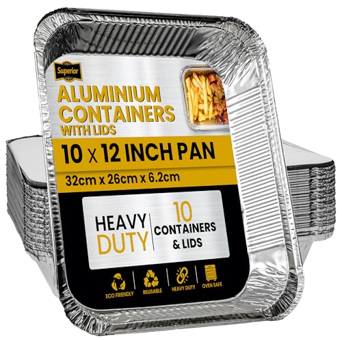 Superior Large Foil Containers with Lids Pack of 10 Sturdy Durable Spacious Foil Trays with Lids - Aluminium Containers 10 x 12 Inch Leak Proof Trays for Cooking Baking BBQ Meal Prep Storage