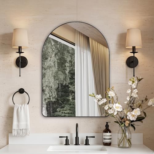 Image of ANDY STAR Arched Mirror, 20 x 28 Inch Black Wall Mirror in Stainless Steel Metal Frame, Arch Top Rounded Corner 1 Inch Deep Set Design Wall Mount Hangs Vertical
